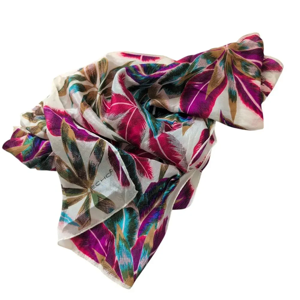 ECHO Silk Scarf‎ Floral Design 52x11 Colorful Bright Pink Blue Vacation Classy